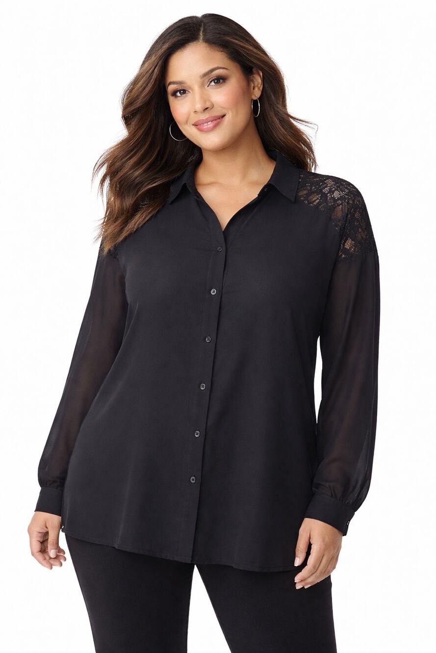 Chico’s Black Button Blouse Lace Back Detail Size 3 (XL) Elegant Career Top
